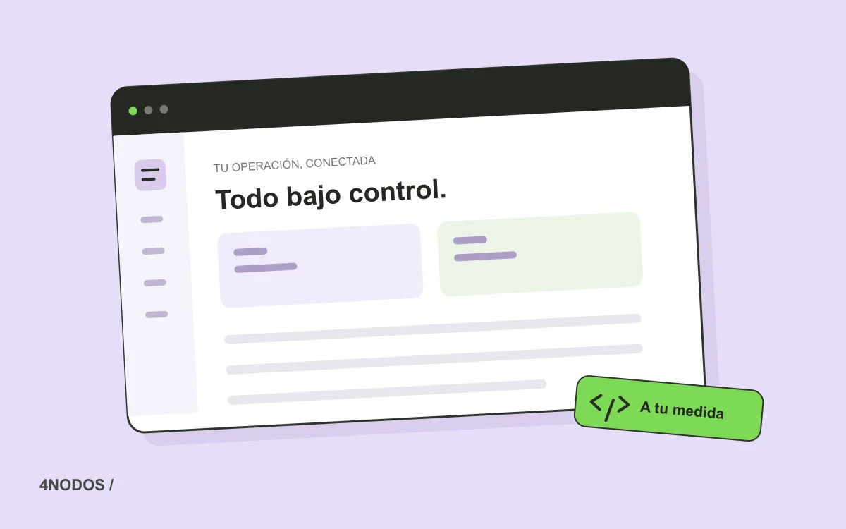 Ilustración de una plataforma de gestión con tareas e información conectada, sobre un fondo lavanda.